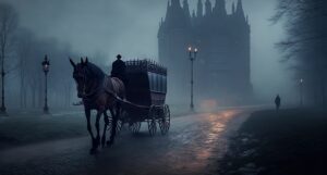 eine kutsche fährt im nebel vor einem mystischen schloss